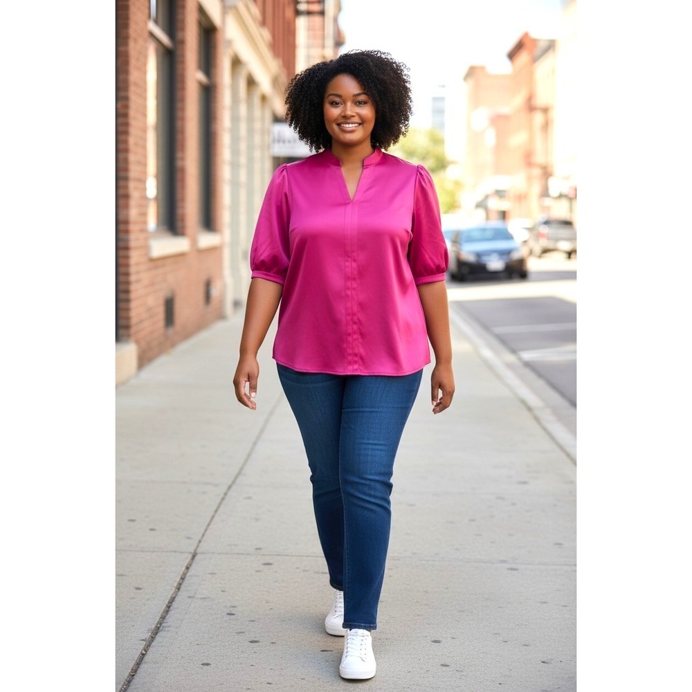 (J-279) Belle by Kim Gravel Boho Persuede Me Puff Sleeve Top Pink Large NWT QVC